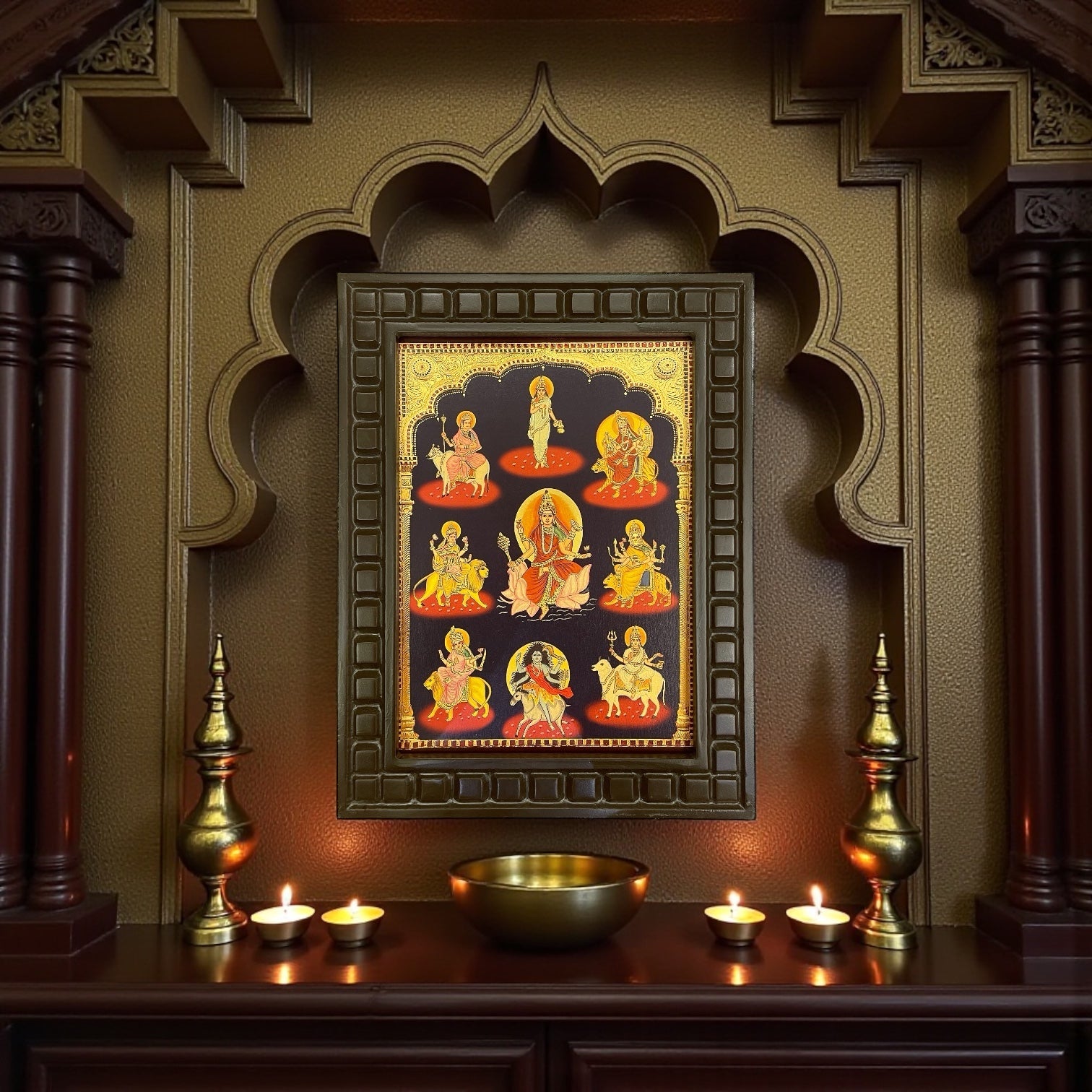 Nava Durga Gold Leafed Art in Wooden Frame