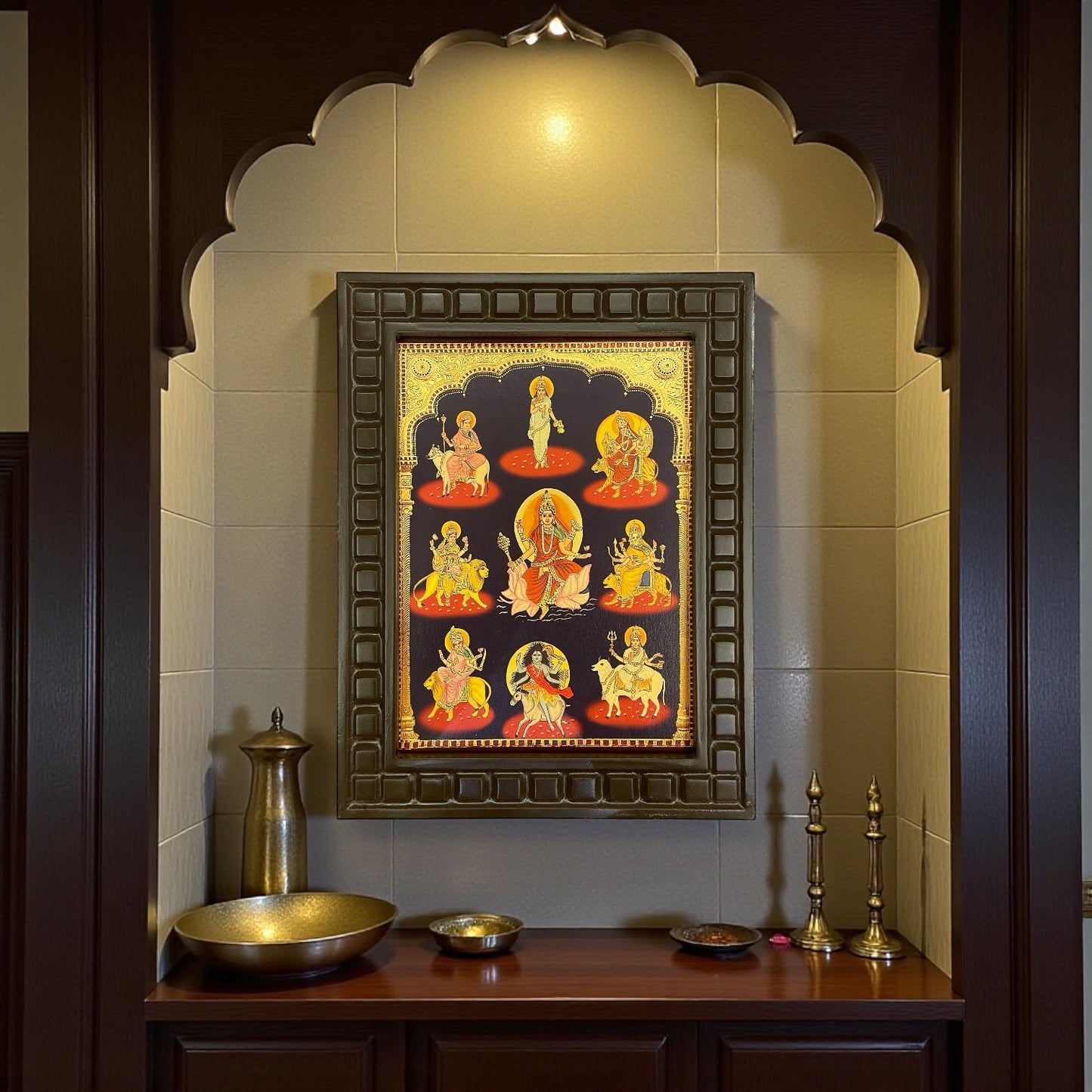 Nava Durga Gold Leafed Art in Wooden Frame