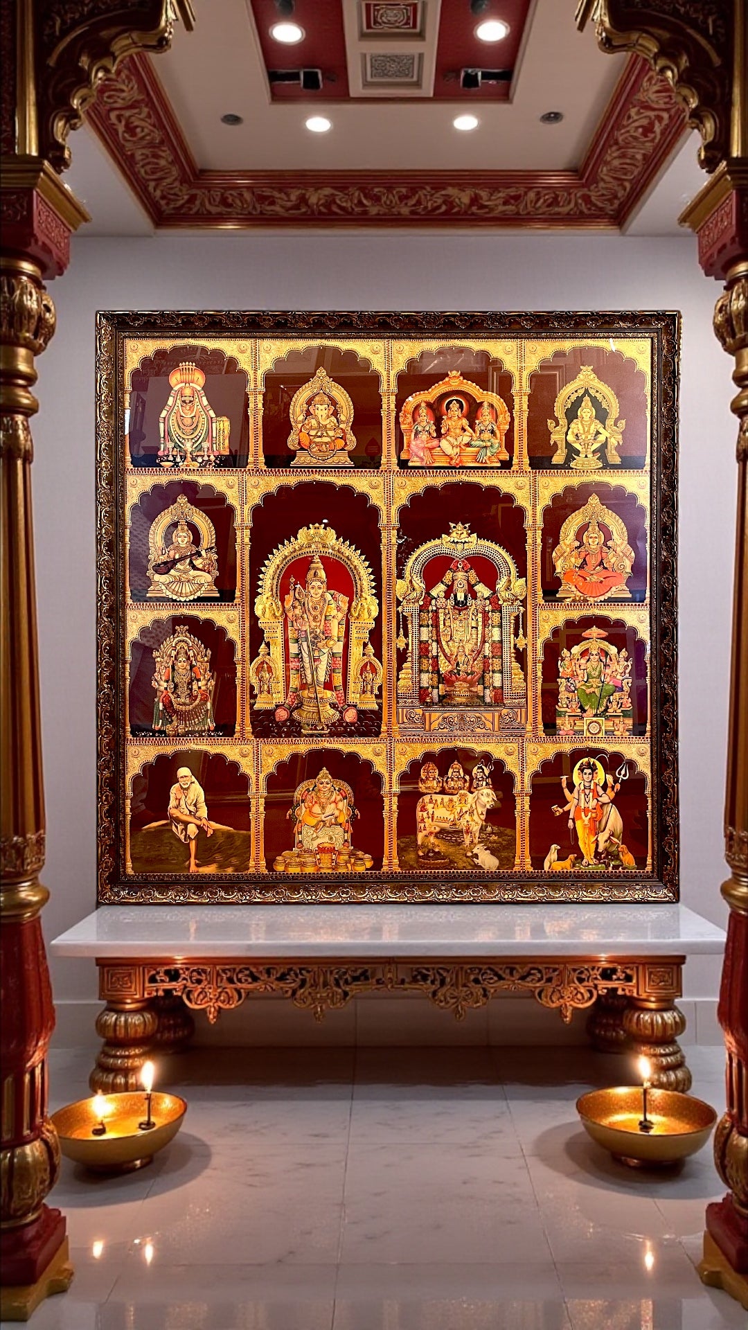 14 Divine Gods in One Grand Frame | 5×5 Ft Wooden Pooja Wall Art.