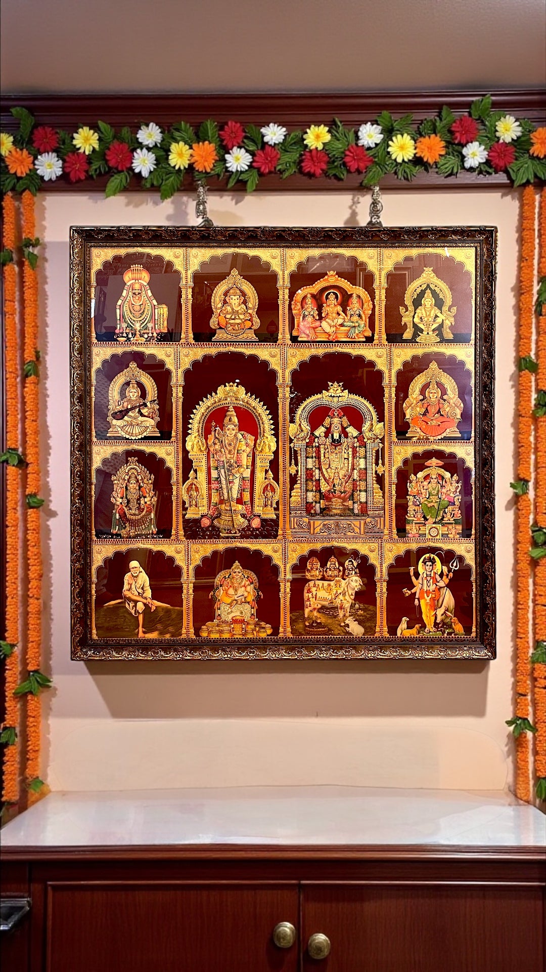 14 Divine Gods in One Grand Frame | 5×5 Ft Wooden Pooja Wall Art with Glass Covering.