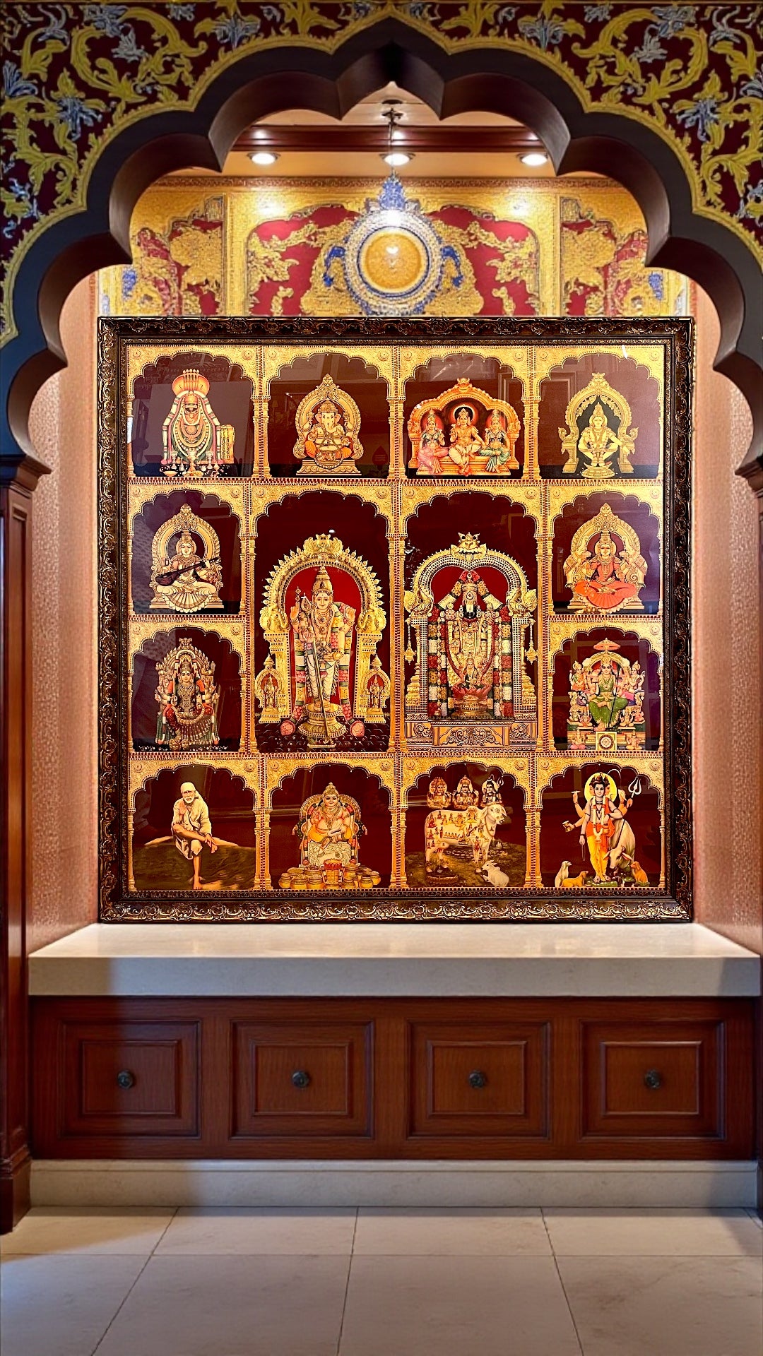 14 Divine Gods in One Grand Frame | 5×5 Ft Wooden Pooja Wall Art.