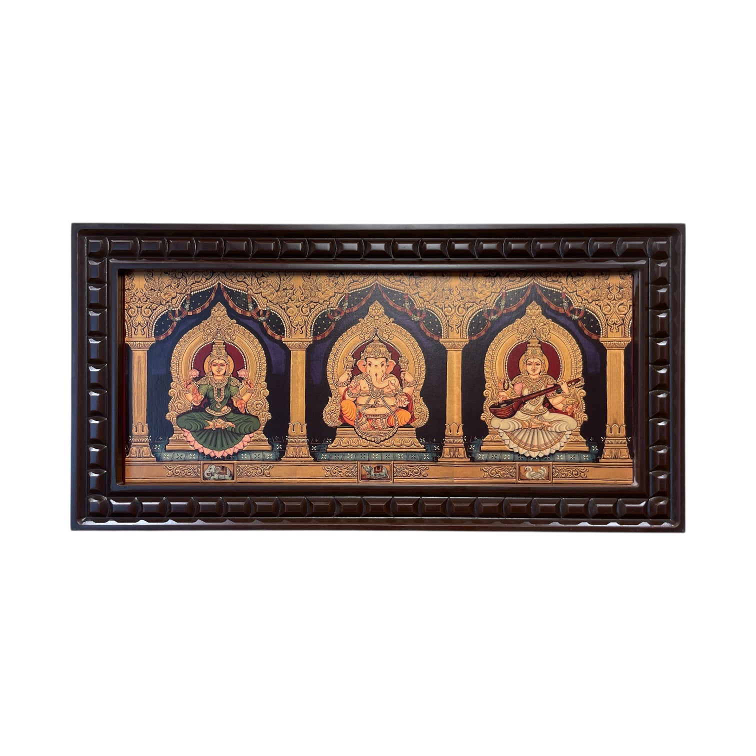 Ganesha Green Lakshmi Saraswati 3 in one Gold foiled art within Wooden Frame
