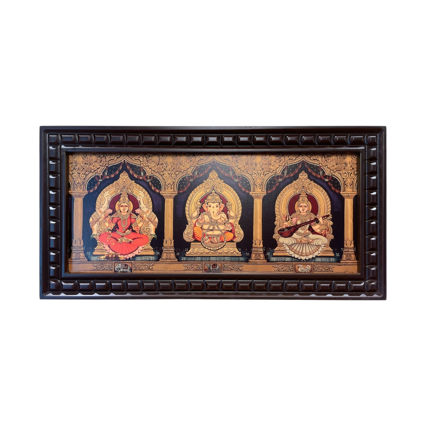 Ganesha Lakshmi Saraswati -2 Gold foiled art within Wooden Frame