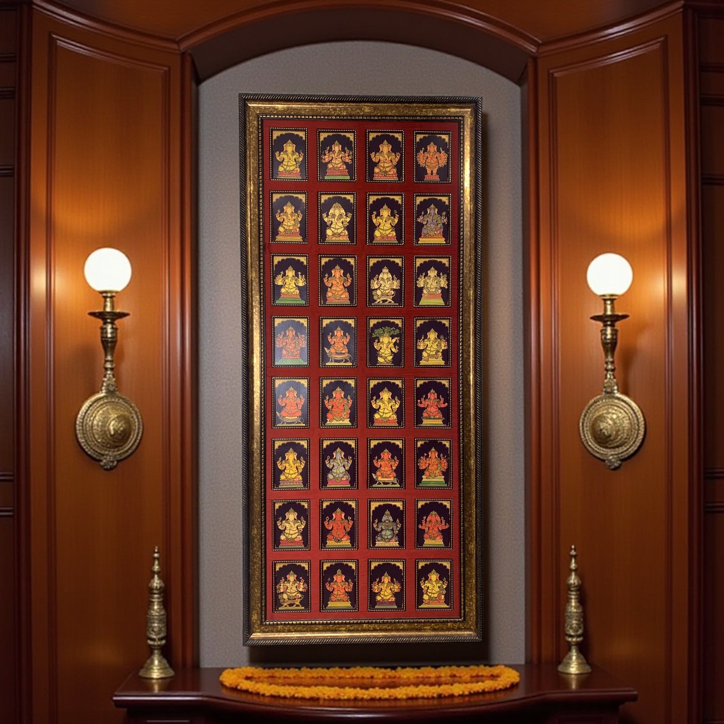 Sacred 32 Forms of Ganesha Gold Leafed Art in Classic Moulded Frame