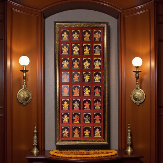 Sacred 32 Forms of Ganesha Gold Leafed Art in Classic Moulded Frame