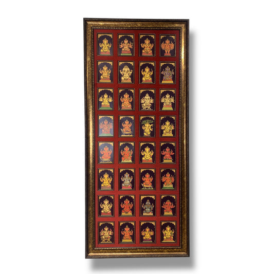 Sacred 32 Forms of Ganesha Gold Leafed Art in Classic Moulded Frame