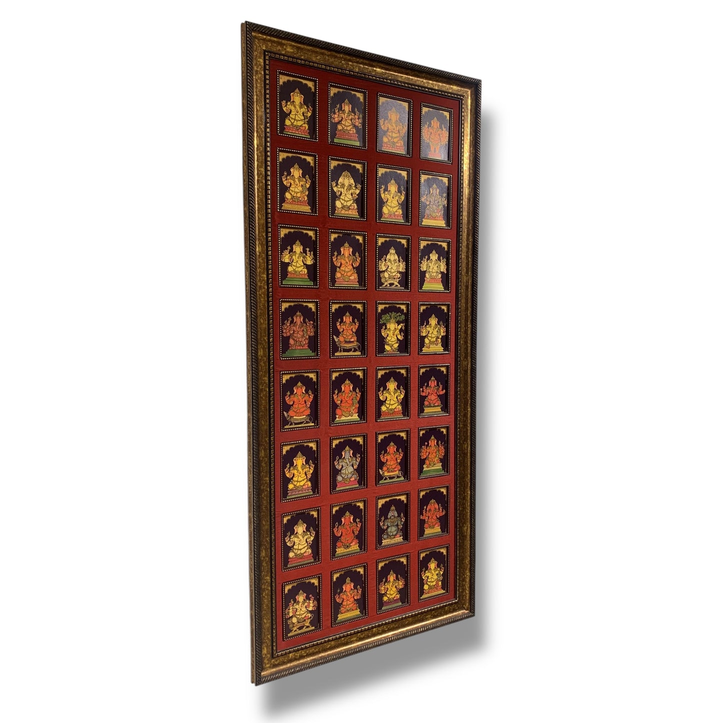 Sacred 32 Forms of Ganesha Gold Leafed Art in Classic Moulded Frame