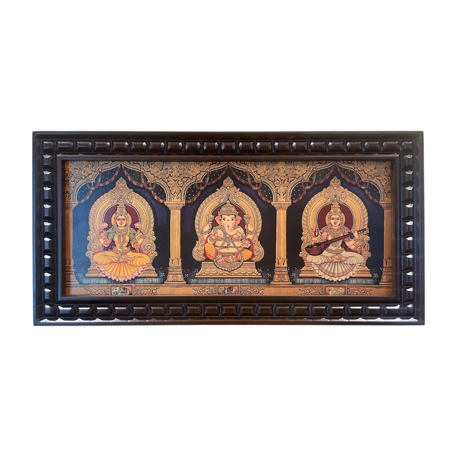 Ganesha Lakshmi Saraswati  3 in one Gold foiled art within Wooden Frame