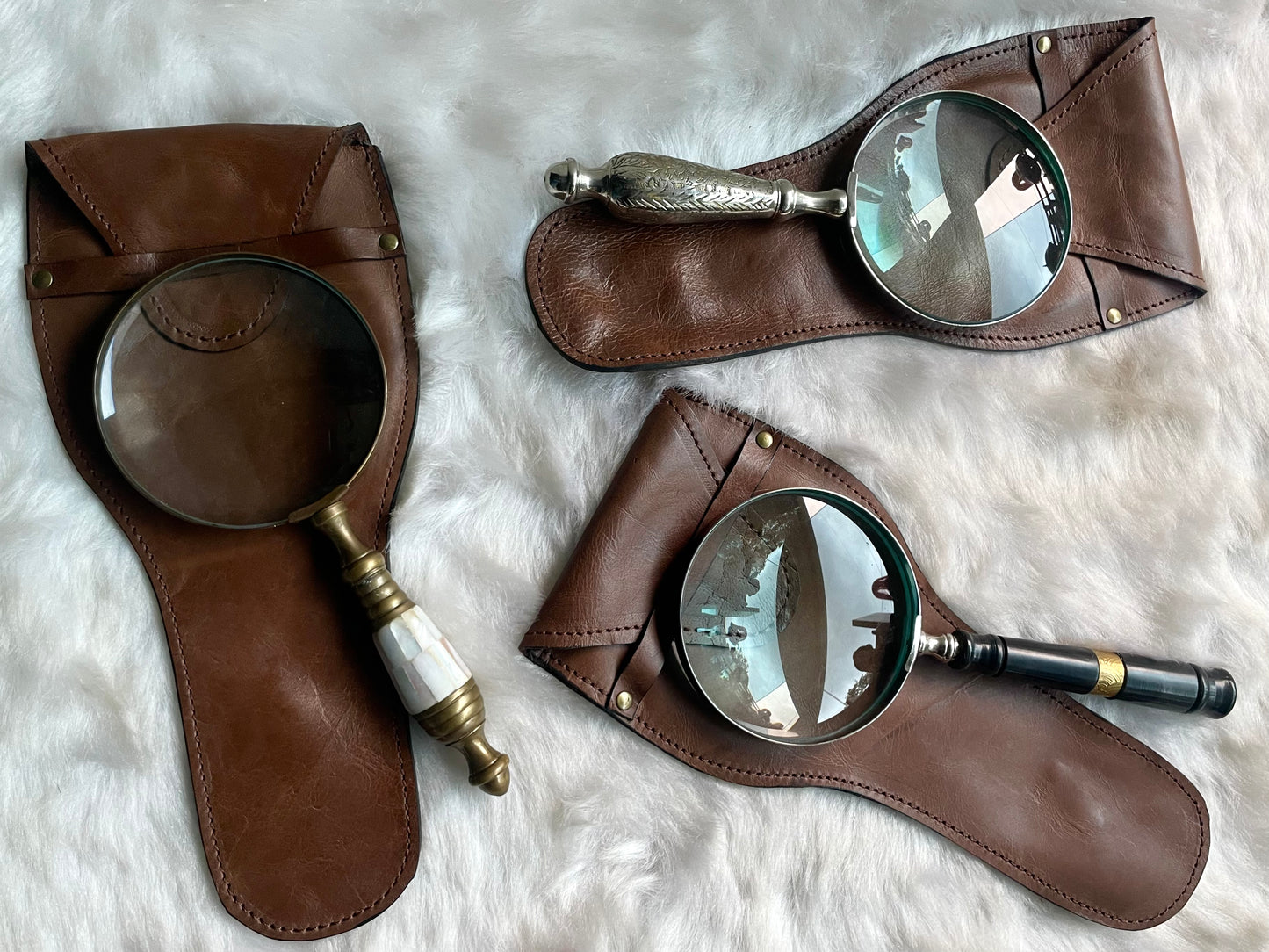 Antique Magnifying Glasses with Leather Bag-2