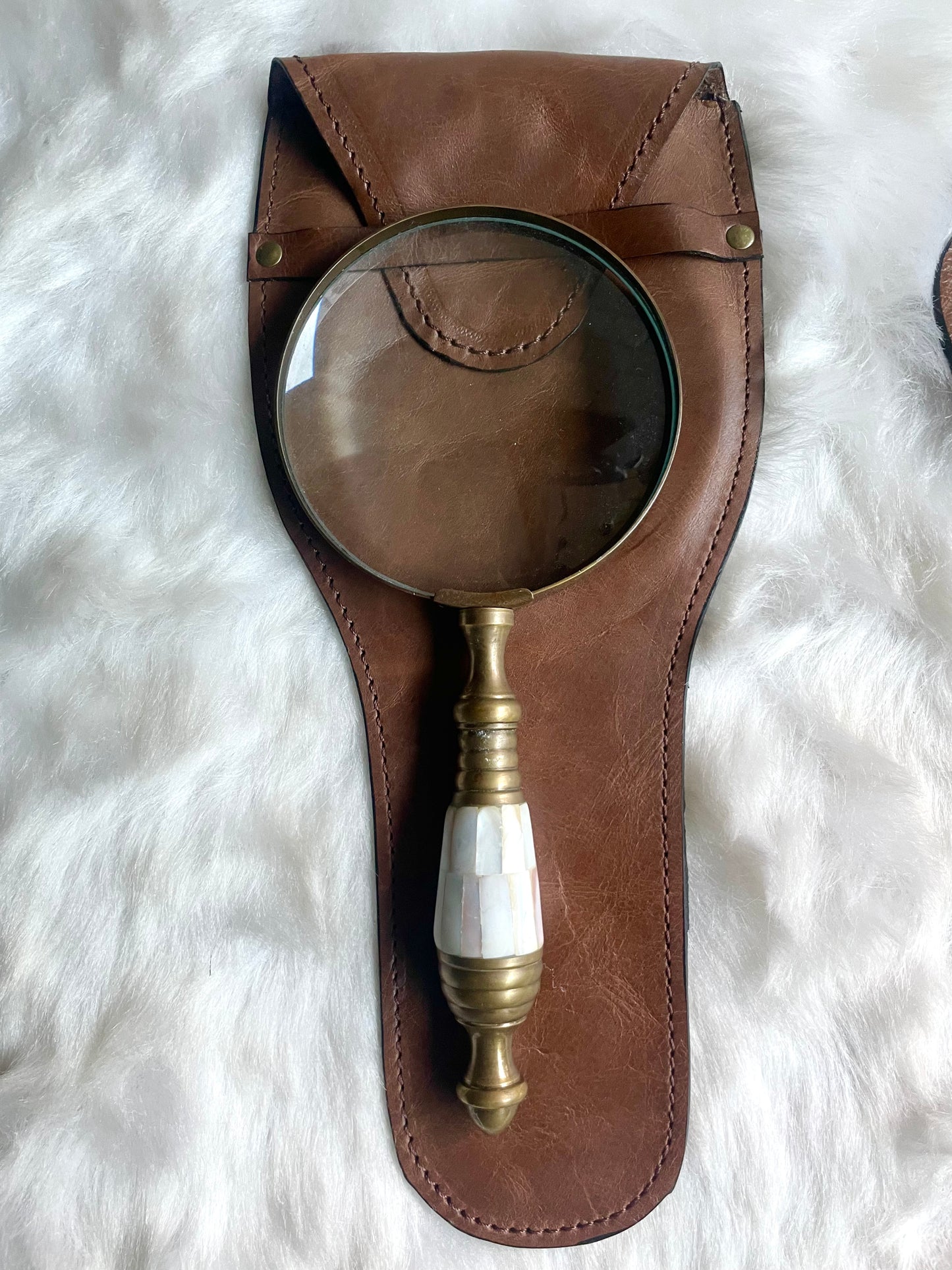 Antique Magnifying Glass Bronze and mother of pearl inlay work optional Leather Bag