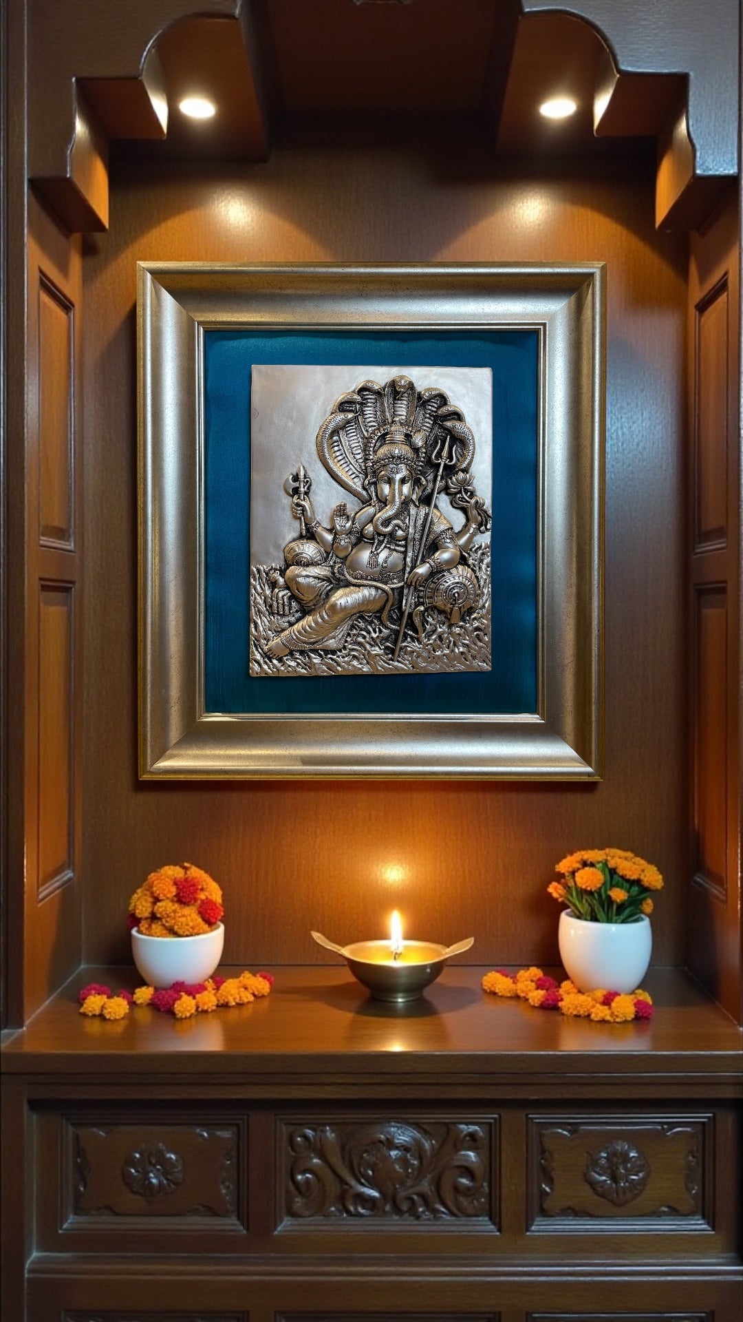 Ganesha – 92.5 Sterling Silver Wall Art with Royal Blue Silk Backdrop