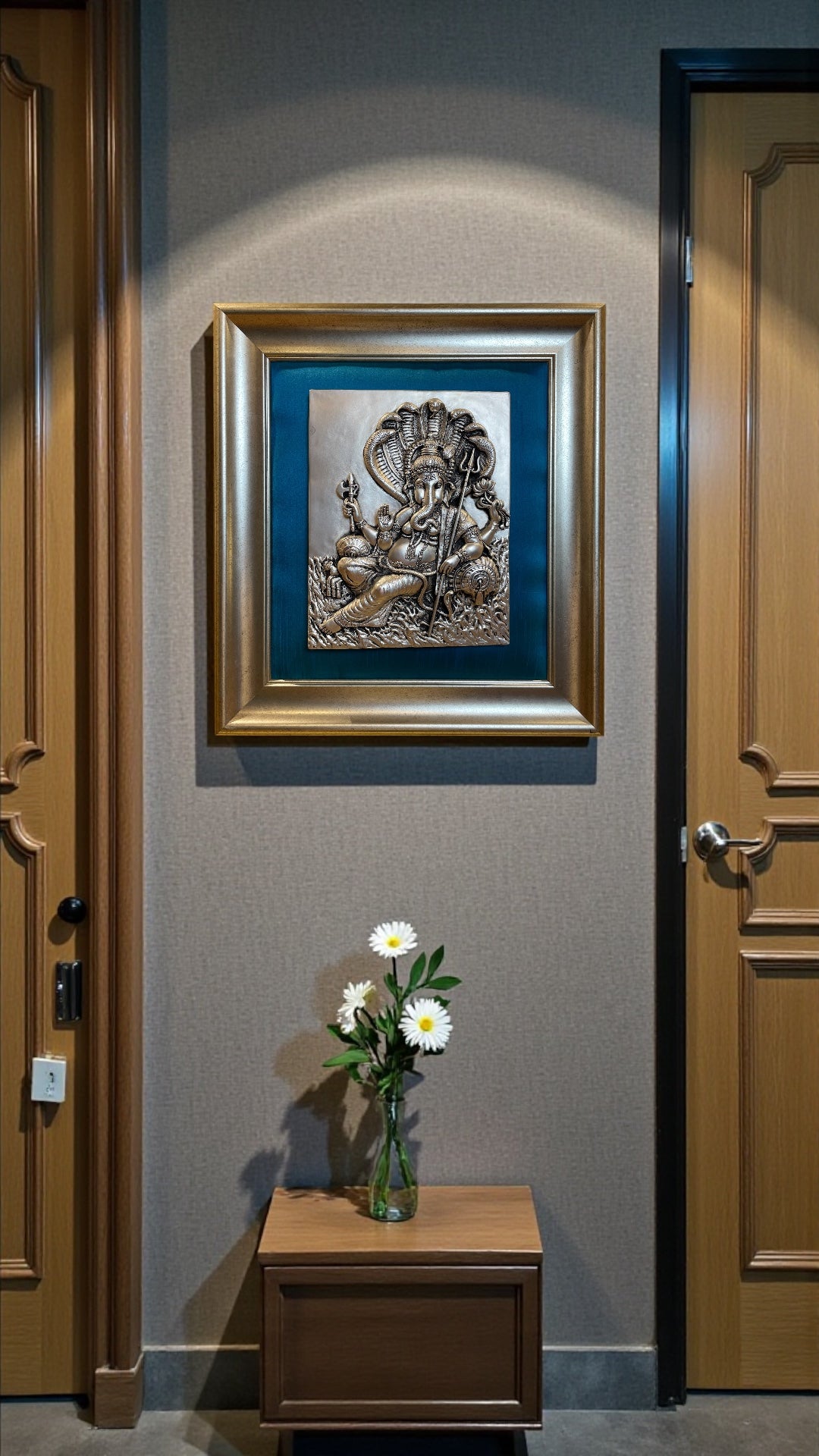 Ganesha – 92.5 Sterling Silver Wall Art with Royal Blue Silk Backdrop