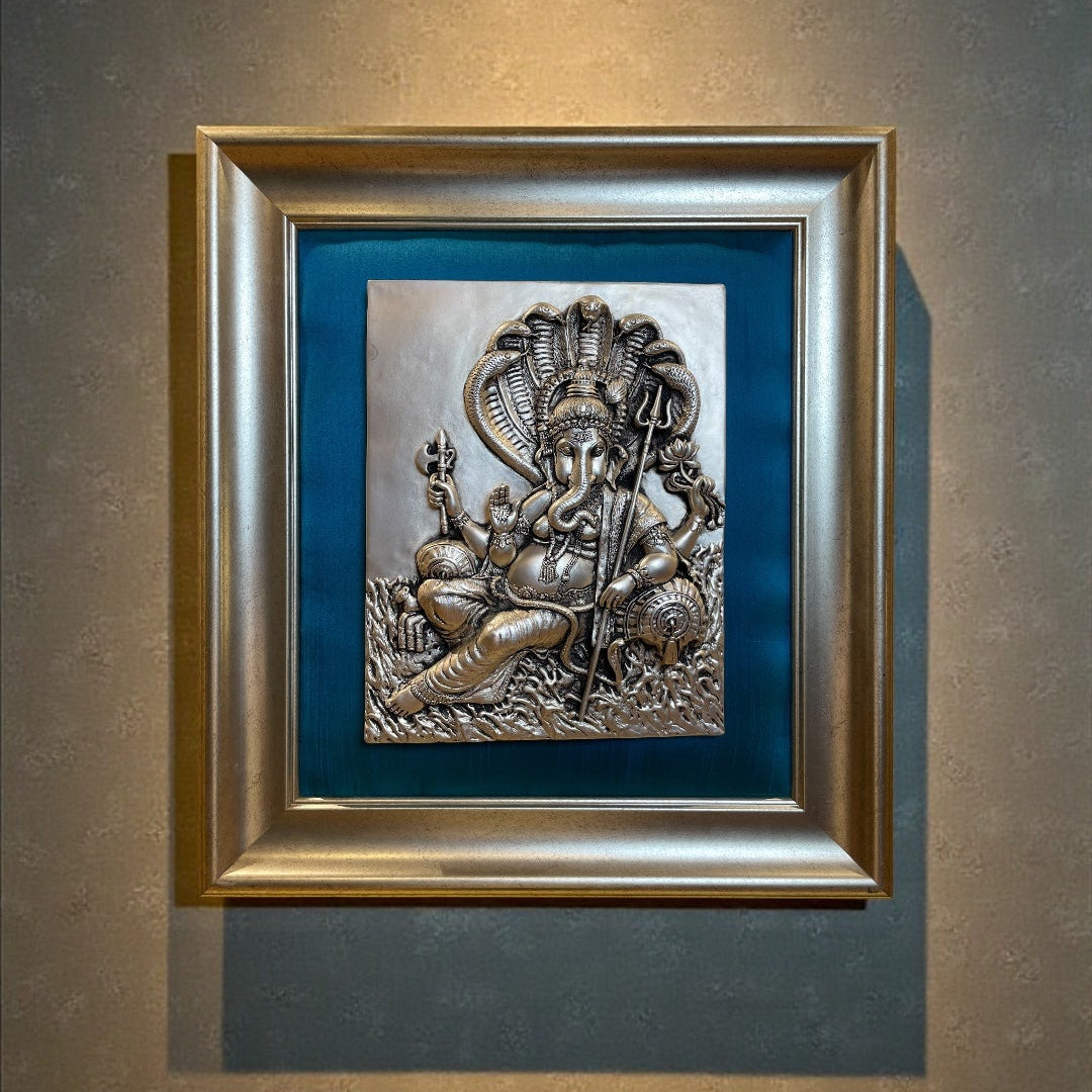 Ganesha – 92.5 Sterling Silver Wall Art with Royal Blue Silk Backdrop