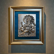 Ganesha – 92.5 Sterling Silver Wall Art with Royal Blue Silk Backdrop