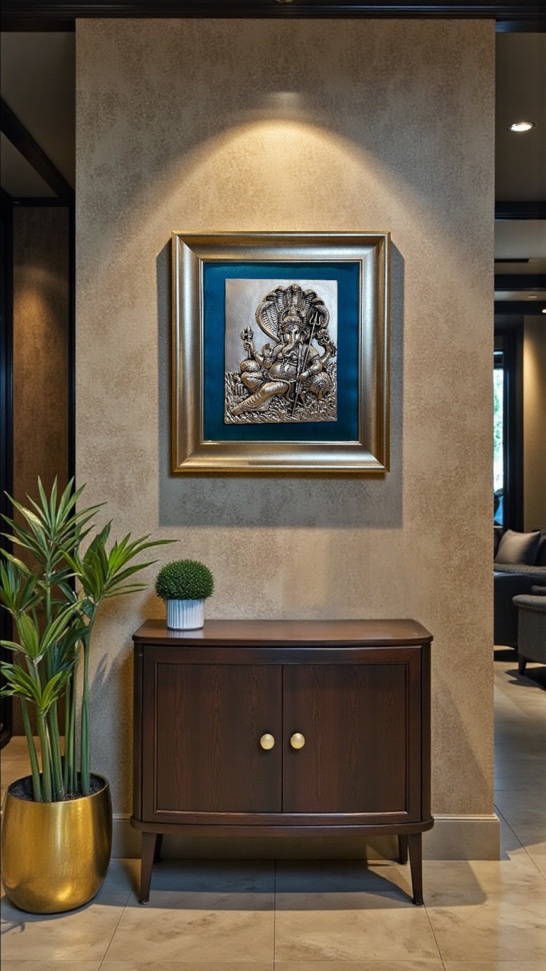 Ganesha – 92.5 Sterling Silver Wall Art with Royal Blue Silk Backdrop