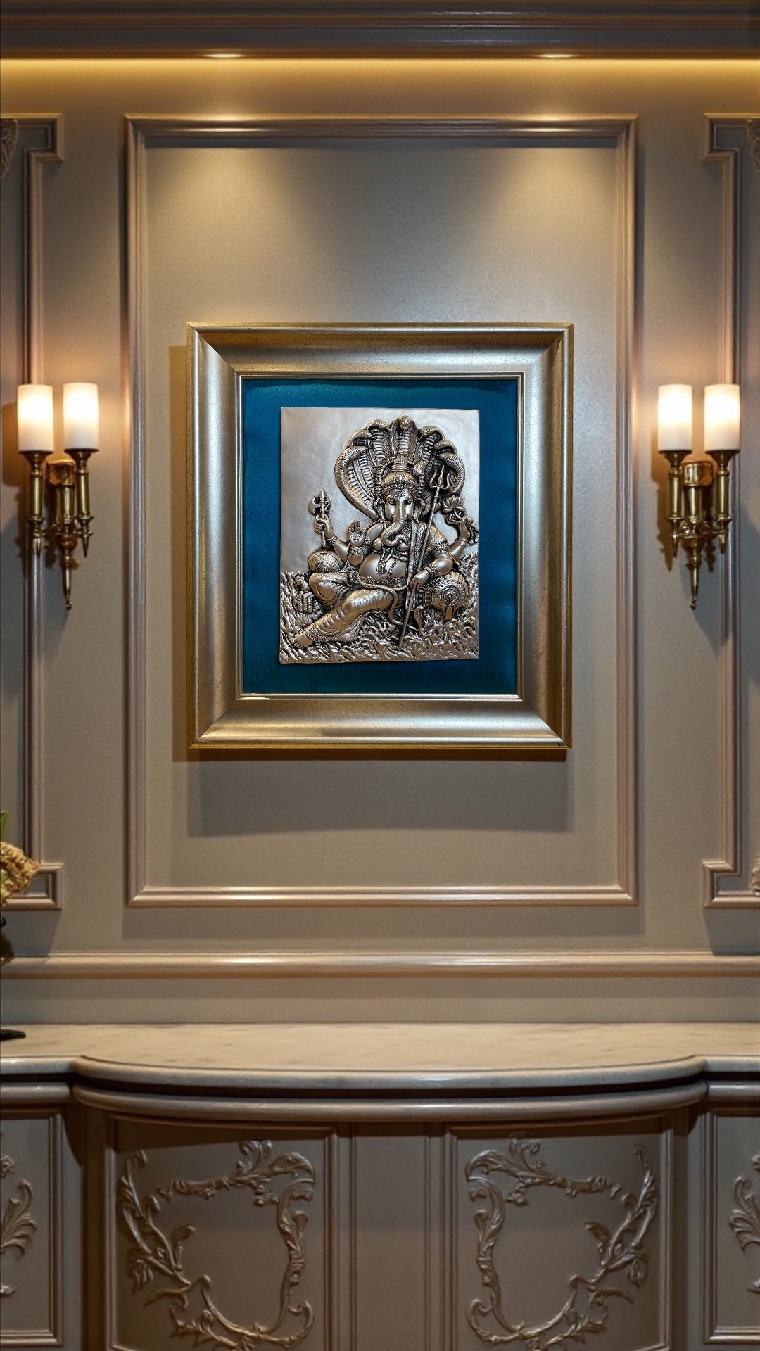 Ganesha – 92.5 Sterling Silver Wall Art with Royal Blue Silk Backdrop