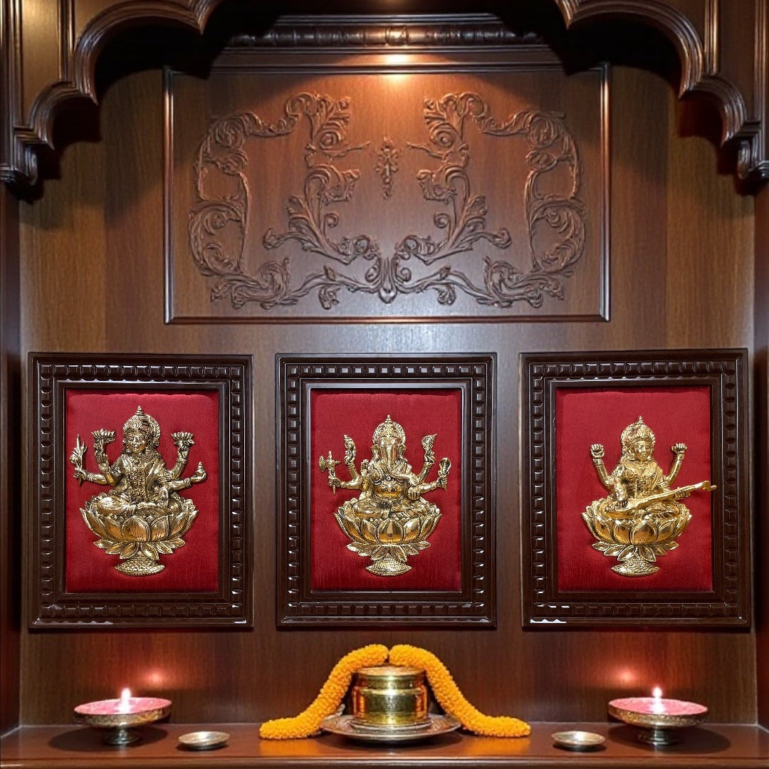 Brass Ganesha,Lakshmi,Saraswati Wall Art with Rich Red Silk Backdrop