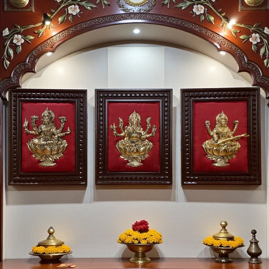 Brass Ganesha,Lakshmi,Saraswati Wall Art with Rich Red Silk Backdrop
