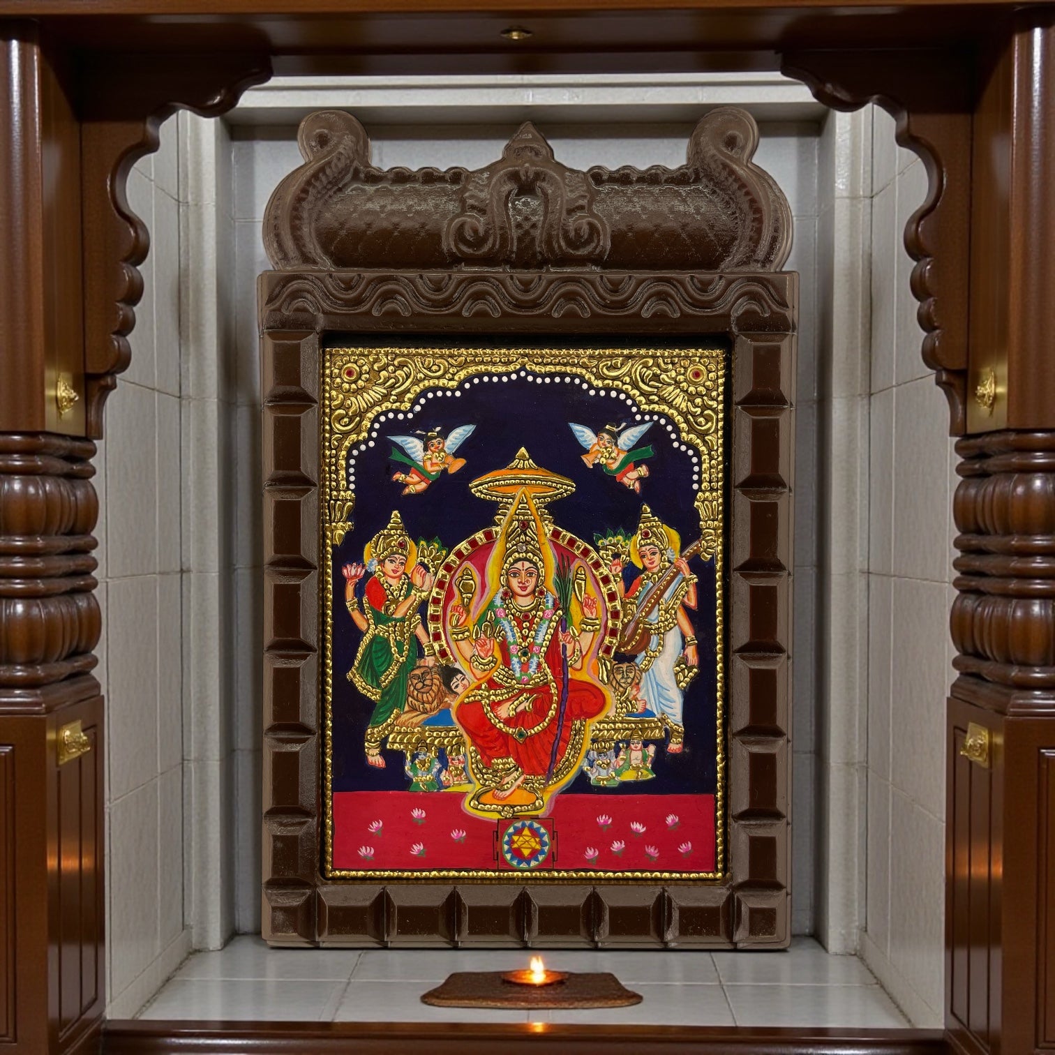 Tripura Sundari Tanjore Painting in Wooden Temple Frame