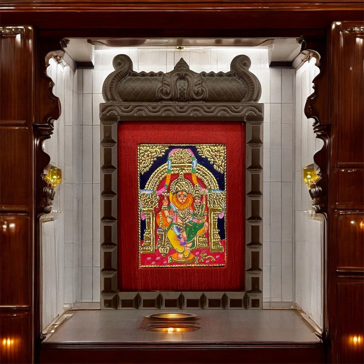 Lakshmi Narasimha Tanjore Painting in Wooden Temple Frame