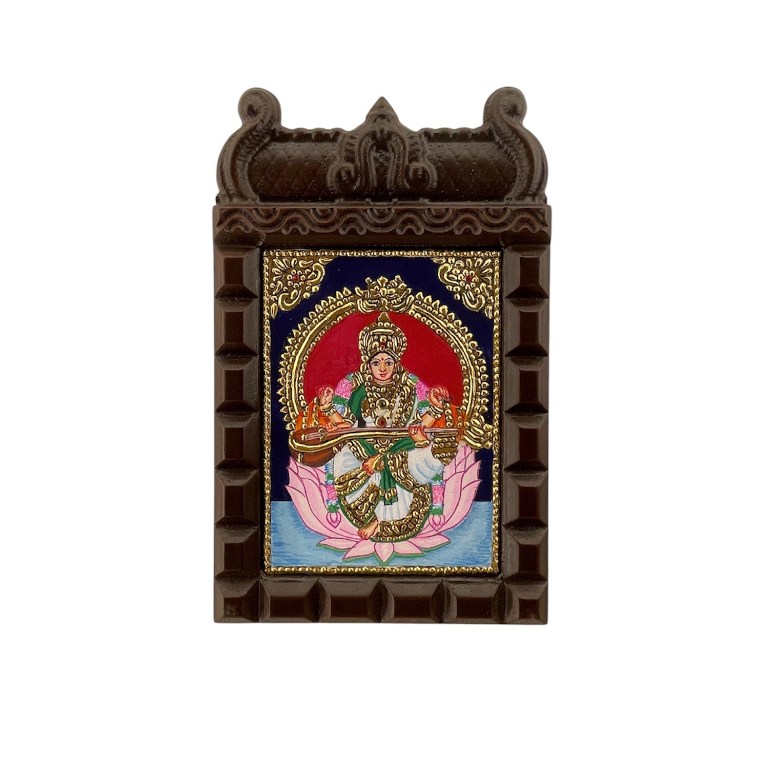 Goddess Saraswati Tanjore Painting in Temple-Style Wooden Frame