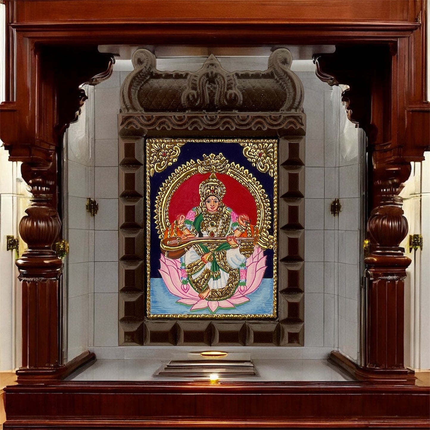 Goddess Saraswati Tanjore Painting in Temple-Style Wooden Frame