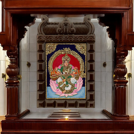Goddess Saraswati Tanjore Painting in Temple-Style Wooden Frame