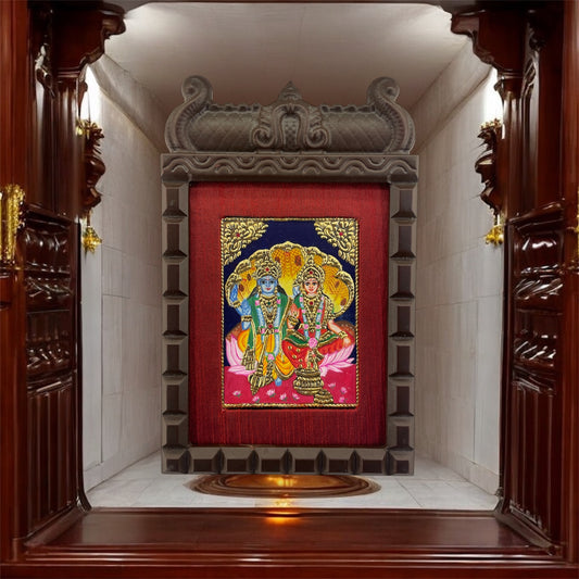 Lakshmi Narayan Tanjore Painting in Temple-Style Wooden Frame