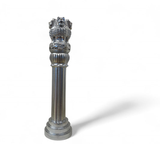 The Regal Ashoka Pillar : Silver Adorned Wooden Sculpture