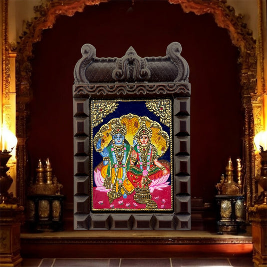 Lakshmi Narayan Tanjore Painting in Temple-Style Wooden Frame