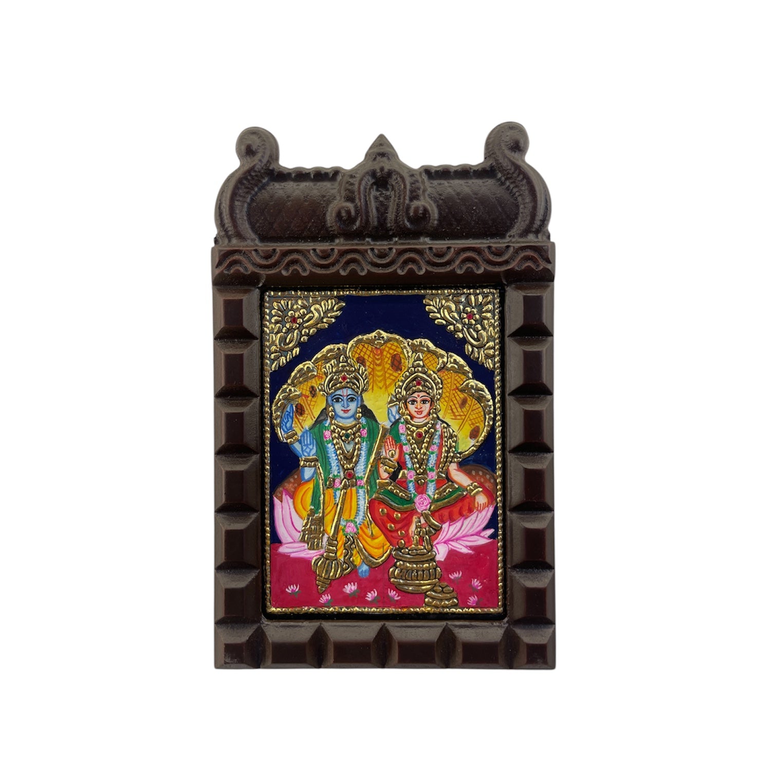 Lakshmi Narayan Tanjore Painting in Temple-Style Wooden Frame