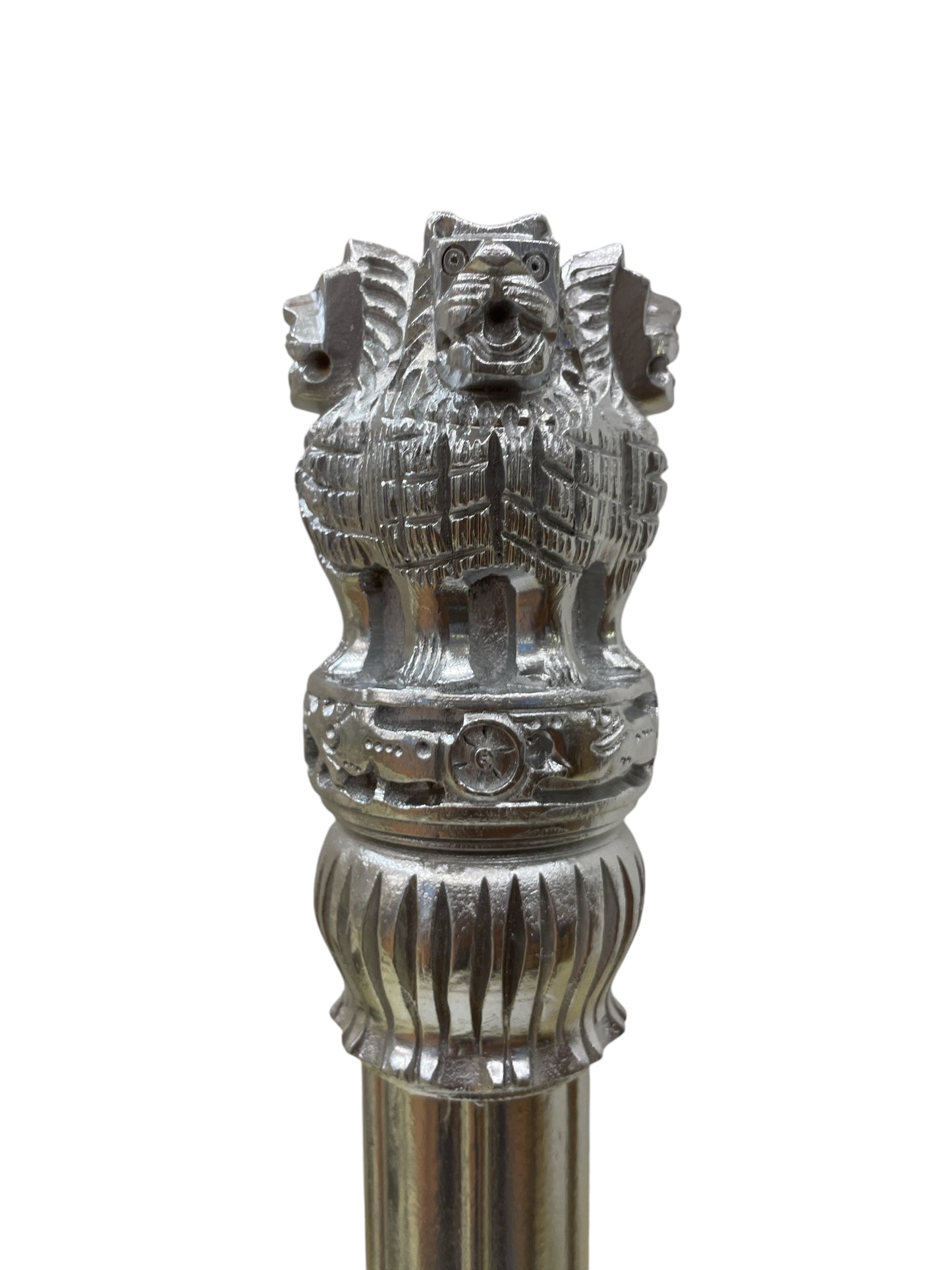 The Regal Ashoka Pillar : Silver Adorned Wooden Sculpture