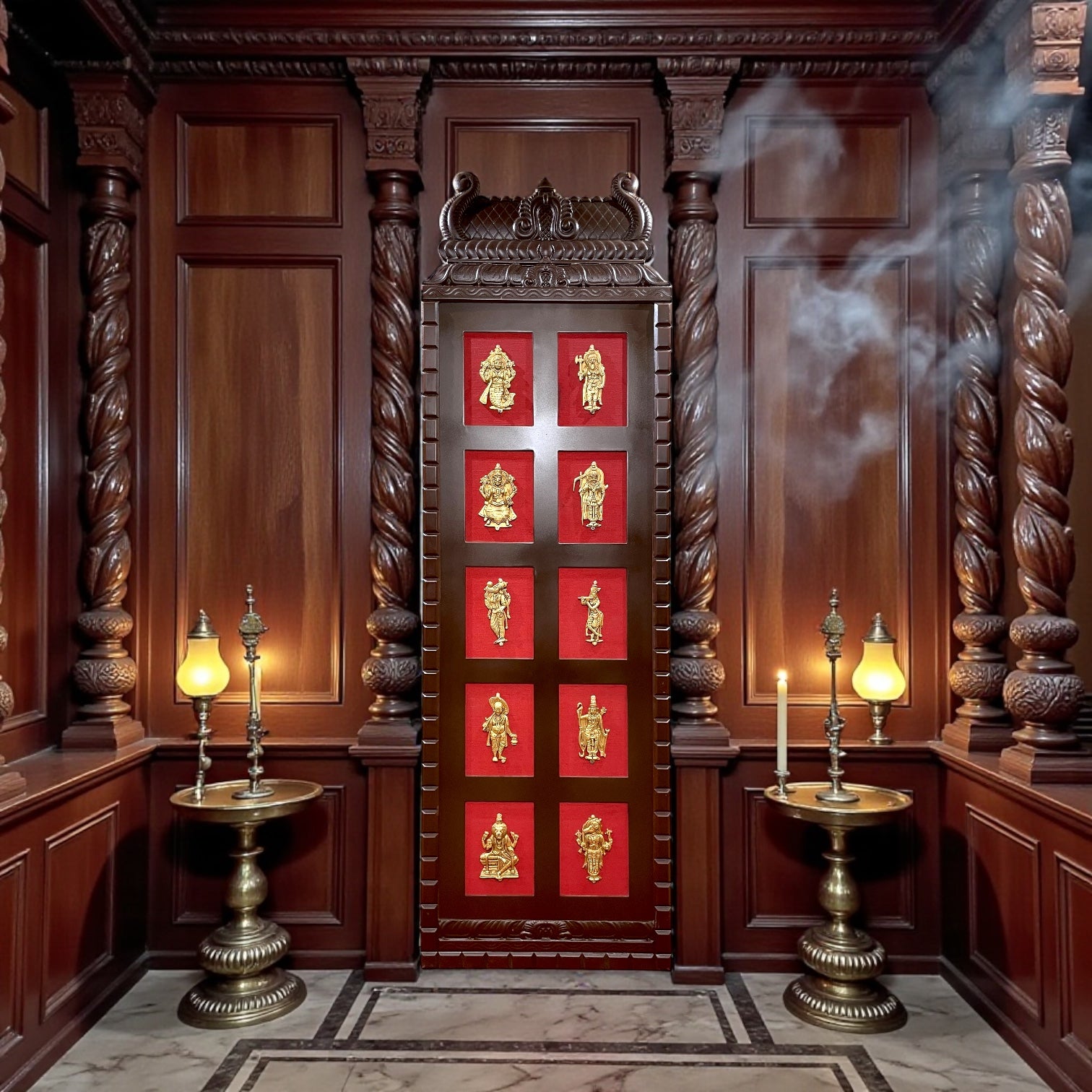 Brass Dashavatara Wall Art with Wooden Frame on Red Silk Backdrop