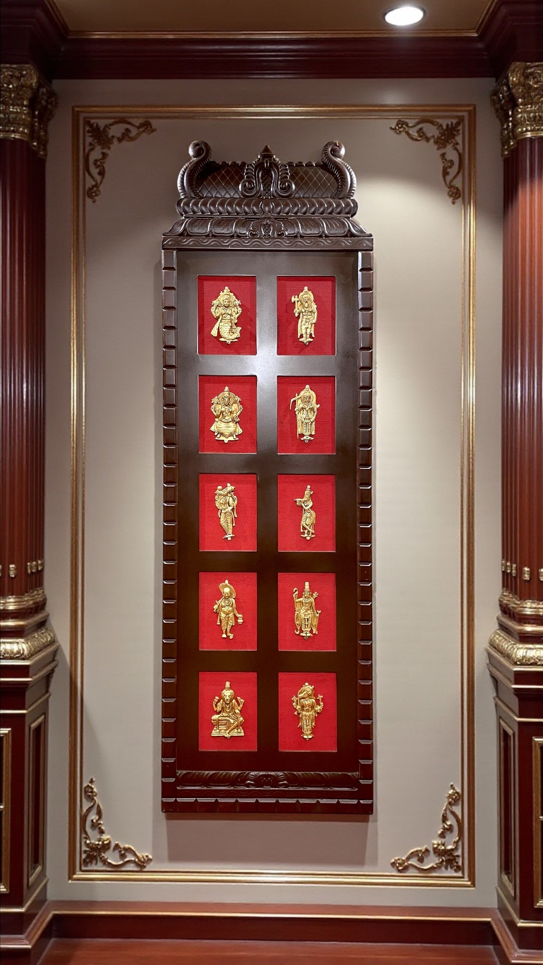 Brass Dashavatara Wall Art with Wooden Frame on Red Silk Backdrop