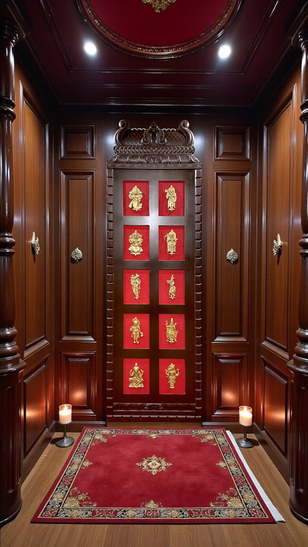 Brass Dashavatara Wall Art with Wooden Frame on Red Silk Backdrop