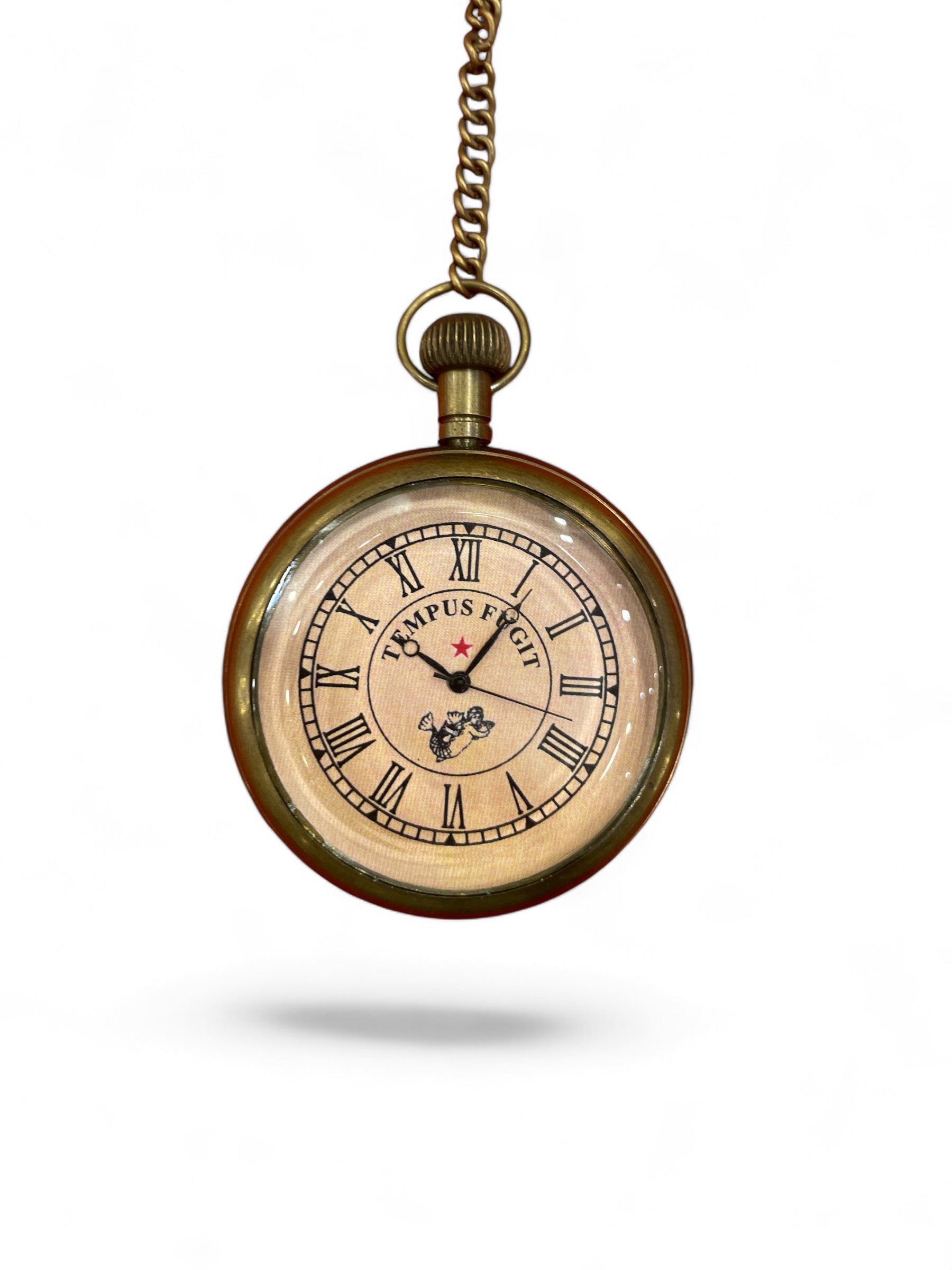 Vintage Brass Pocket Watch - Tempus Fugit With Wooden box