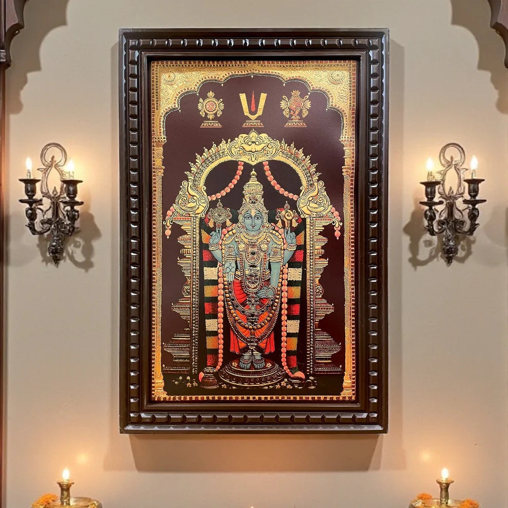 Tirupati Venkateswara Gold Leafed Art in Engineered Wooden Frame