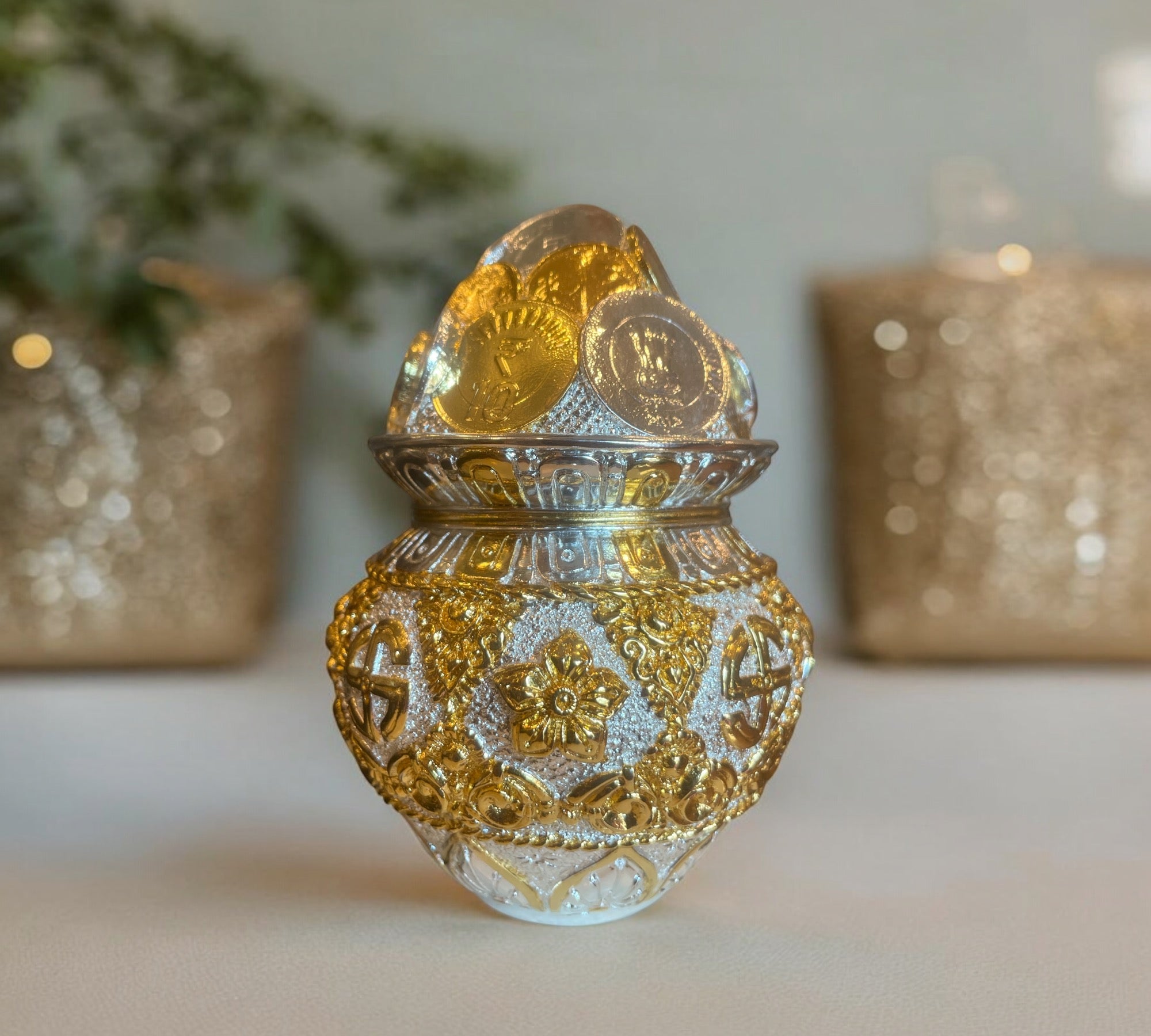 Kuber Kalash with World currency Silver & Gold plated with Free Base