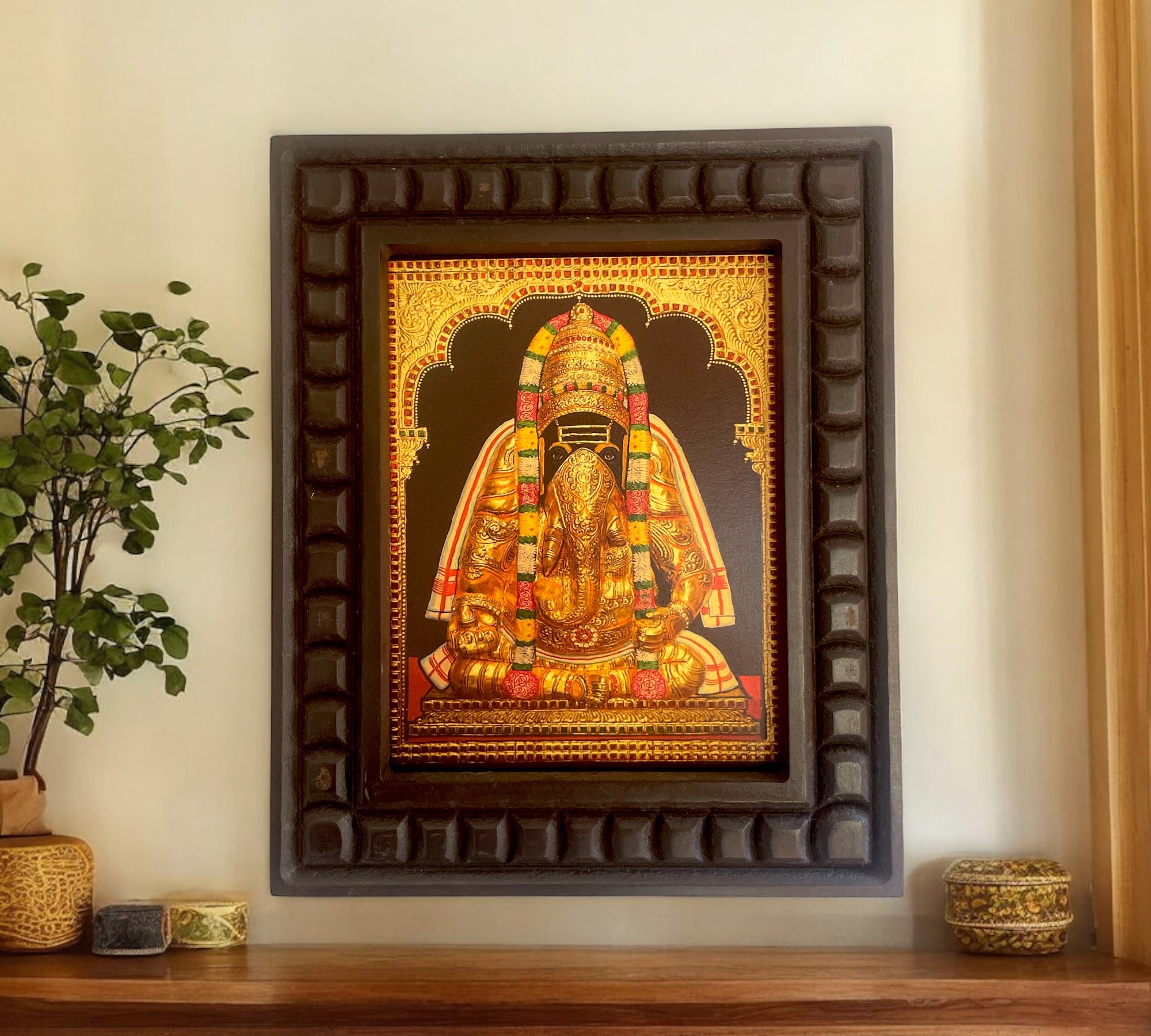 Ganesha : Pillayarapatti karapaga Vinayagar Gold Foil Art Within Wooden Frame