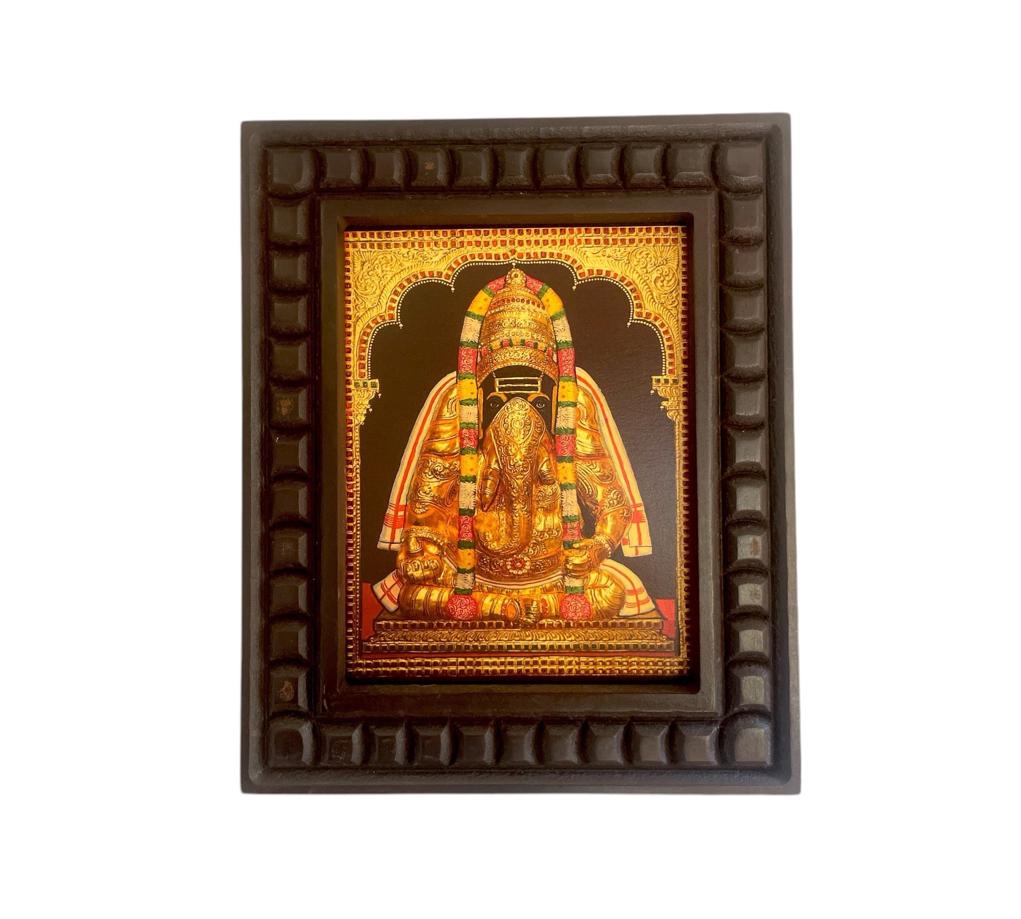 Shri Ganesha Pillayarapatti karapaga Vinayagar Gold Leafed Artwork with Polished Engineered Wooden Frame
