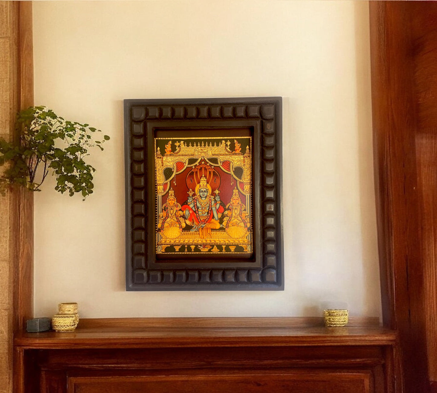 Sri Vishnu With Sri Devi & Bhu Devi Gold Leafed Art within a Wooden Frame