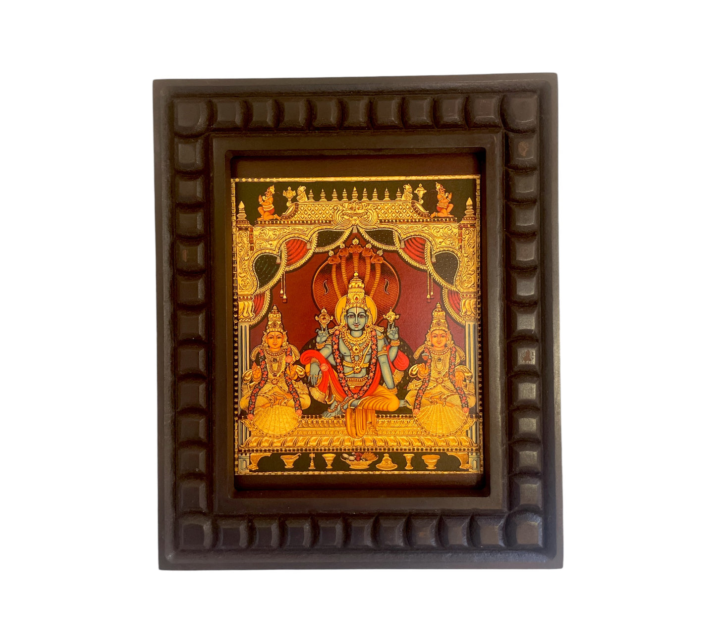 Sri Vishnu With Sri Devi & Bhu Devi Gold Leafed Art within a Wooden Frame