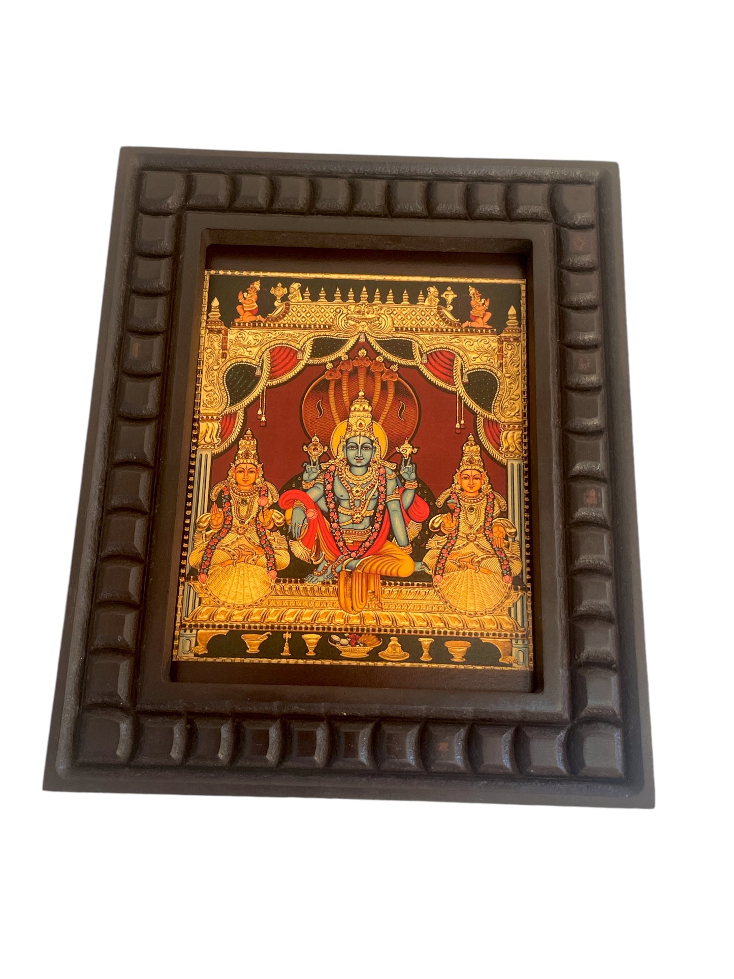 Sri Vishnu With Sri Devi & Bhu Devi Gold Leafed Art within a Wooden Frame