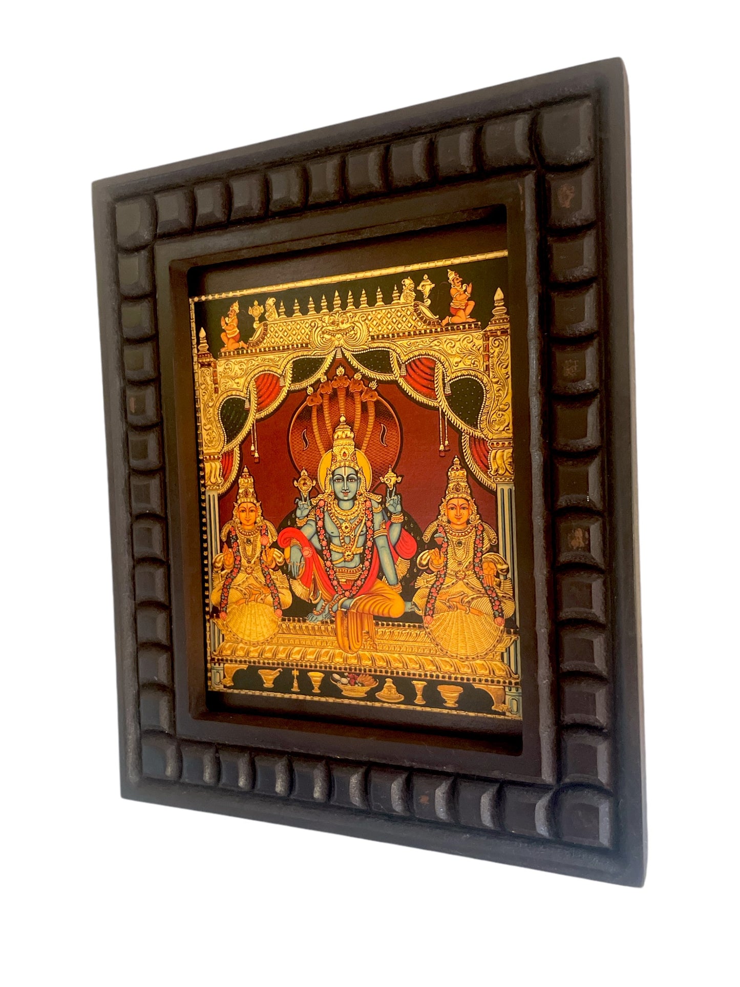 Sri Vishnu With Sri Devi & Bhu Devi Gold Leafed Art within a Wooden Frame