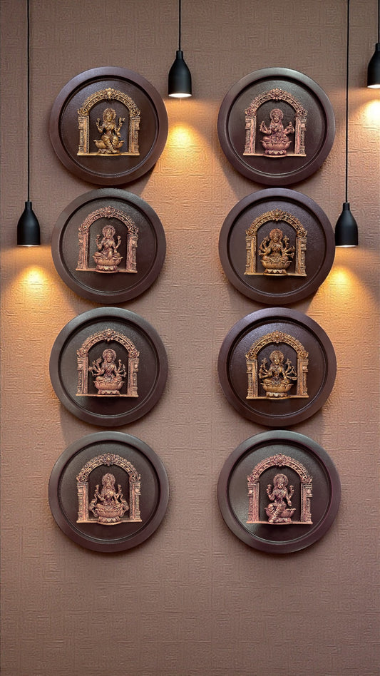 Ashta Lakshmi Mandala – Handcrafted Pure Brass Icons on Circular Wooden Frames (Set of 8 | 6” Dia Each)