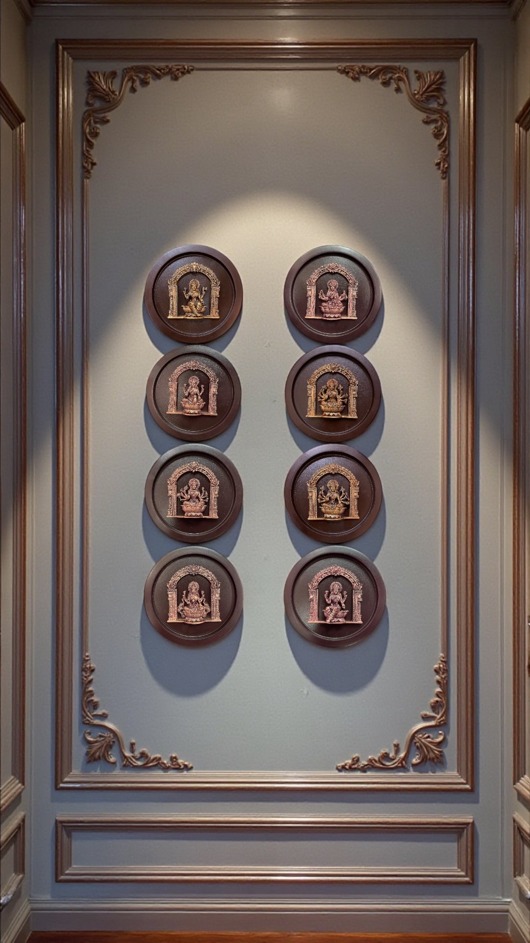 Ashta Lakshmi Mandala – Handcrafted Pure Brass Icons on Circular Wooden Frames (Set of 8 | 6” Dia Each)