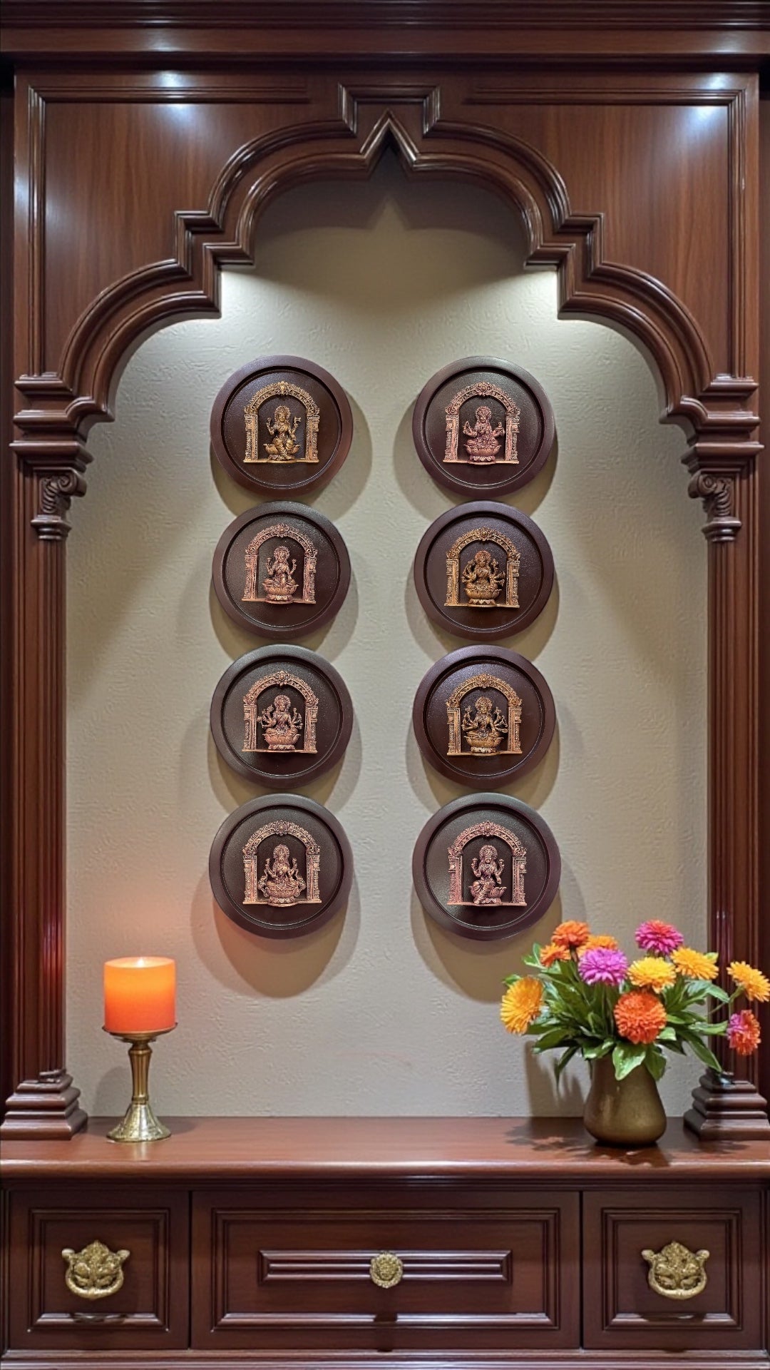 Ashta Lakshmi Mandala – Handcrafted Pure Brass Icons on Circular Wooden Frames (Set of 8 | 6” Dia Each)