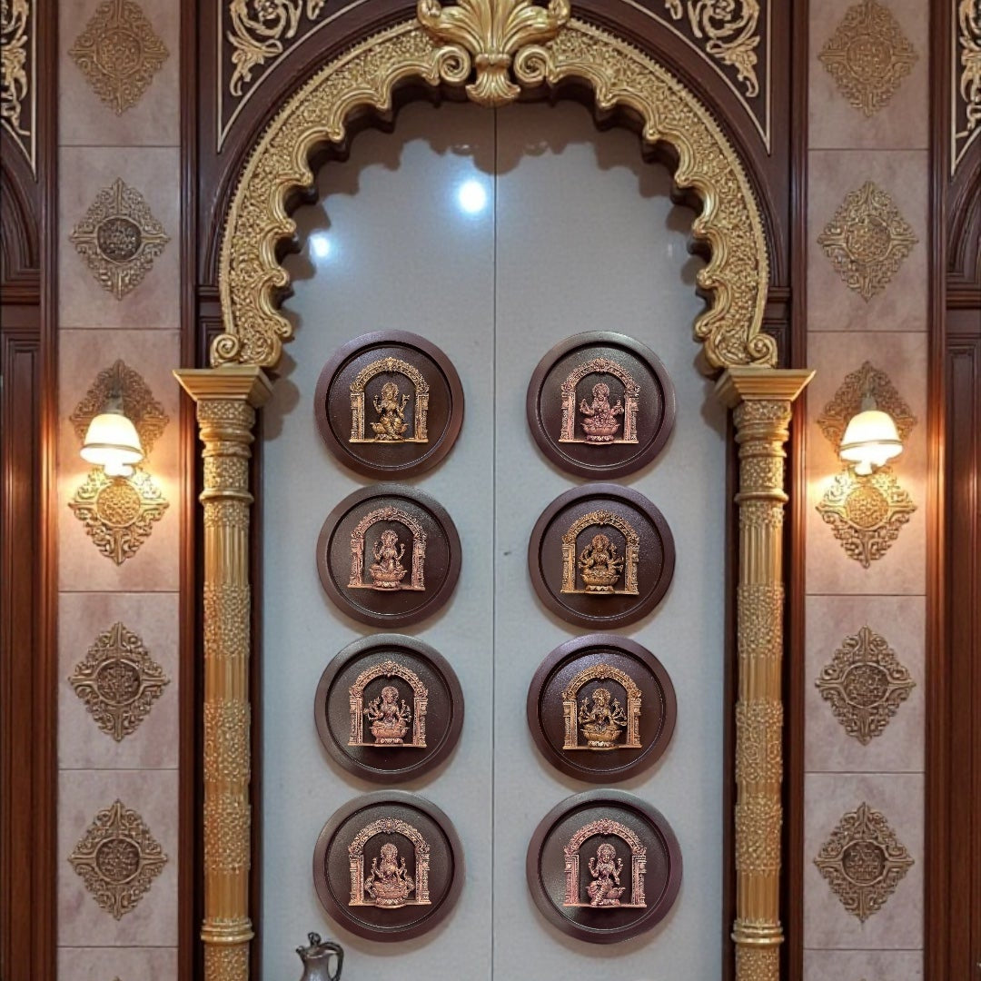 Ashta Lakshmi Mandala – Handcrafted Pure Brass Icons on Circular Wooden Frames (Set of 8 | 6” Dia Each)