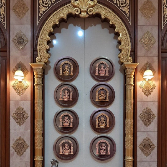 Ashta Lakshmi Mandala – Handcrafted Pure Brass Icons on Circular Wooden Frames (Set of 8 | 6” Dia Each)