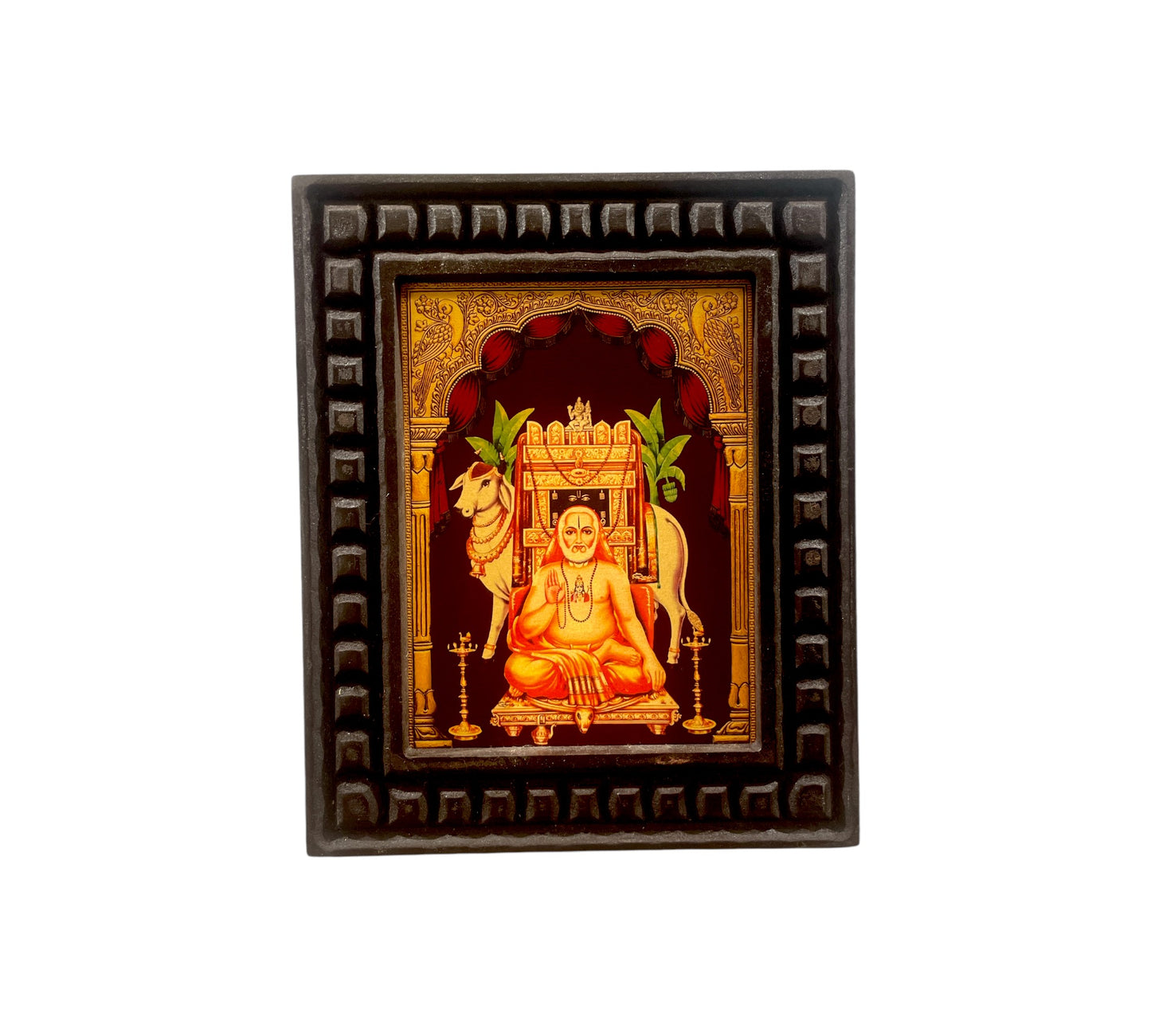 Raghavendra Swamy Gold Leafed Art Work within Wooden frame